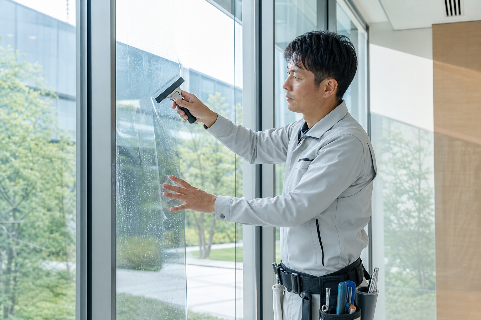 施設の窓へシートを施工する作業者